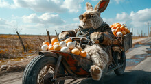 
High-end Commercial Photography Of A Stylish Easter Bunny, Dressed In A Leather Jacket, Driving A Motorcycle With A Sidecar