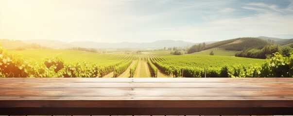 Wall Mural - Empty wood table top with on blurred vineyard landscape background, for display or montage your products. Agriculture winery and wine tasting concept. digital ai art