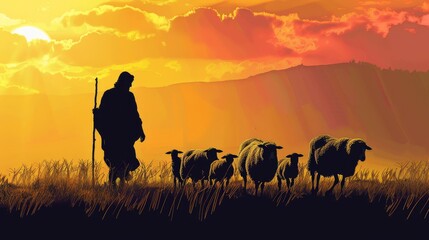 Wall Mural - Silhouette of Jesus Christ as a shepherd leading a flock through a valley.