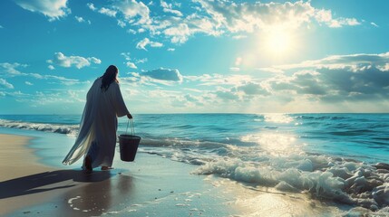 Wall Mural - Silhouette of Jesus Christ leading a beach cleanup initiative to protect marine life.