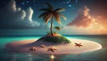 3d Rendering Of A Small Tropical Island With Palm Tree In The Middle And Star Fish On A Sand And Some Clouds Behind