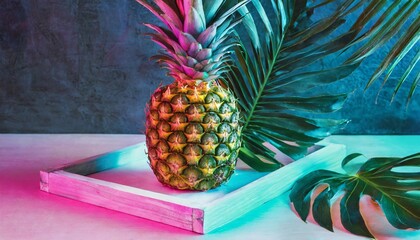  colorful fluorescent color layout of tropical leaves and pineapples