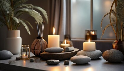 Wall Mural - cozy corner for home meditation and relaxation aroma diffuser burning candles stones for comfort pleasure aromatherapy decor for apartment house indoors design