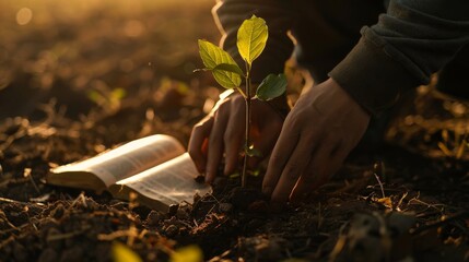 Sticker - Silhouette of a person planting a tree with a Bible on the ground beside them