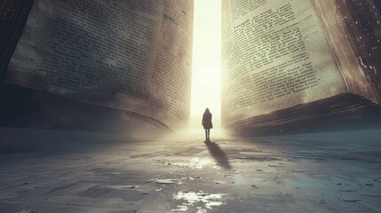 Wall Mural - Silhouette of a person walking towards a giant open Bible in the distance.