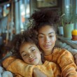 Beautiful photo portrait of african american sisters hugging sitting on sofa, wearing matching orange sweatshirts, at home by the window, curly hair, generative AI