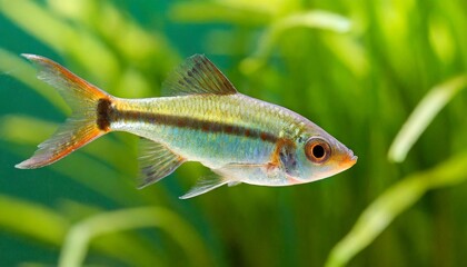 Wall Mural - tetraodon fahaka fish swims in aquarium on green background tetraodontidae