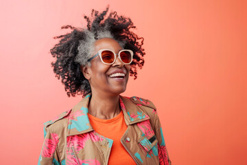 Wall Mural - Cheerful mature Afro American woman with modern clothes and sunglasses over salmon color background with copy space. Real people, powerful women, senior lifestyle concept