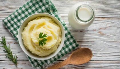 Wall Mural - mashed potatoes in the bowl on the white wooden table with bottle of milk top view