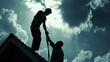 Silhouette of the man lowering his paralyzed friend through the roof for Jesus to heal