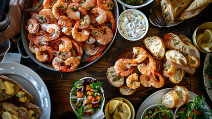Poster - a table topped with plates of food and breads next to a bowl of shrimp