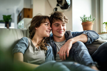 Candid shot of a young couple relaxing and daydreaming on the sofa, enjoying a serene weekend together in comfortable silence.

