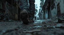 Close-up View Of Worn-out Feet Of Exhausted Tired Man Walking On An Empty Street