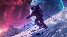 Hyper-realistic cyberpunk image of a male skier descending into lunar craters. Space and Earth are in the background