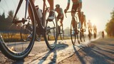 Fototapeta  - Close-up of a group of cyclists with professional racing sports gear riding on an open road cycling route
