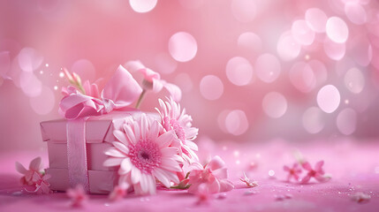 Poster - a pink gift box with a bow and flowers on a pink background