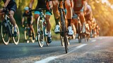 Close-up of a group of cyclists with professional racing sports gear riding on an open road cycling route
