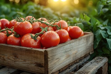 Wall Mural - A wooden box with ripe tomatoes outside in the garden. Freshly picked tomatoes in the greenhouse