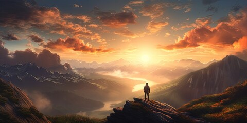 Wall Mural - Sunset landscape with hiker looking at the sun from mountain top
