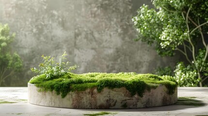 Podium background product moss stone green forest cosmetic display nature presentation. Background wood beauty product podium stand concept summer pedestal plant design template environment platform