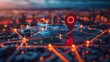 © Ziyan - Red map pin in cityscape and network connection, indicating the city destination on the map and connection concept