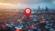 © Ziyan - Red map pin in cityscape and network connection, indicating the city destination on the map and connection concept