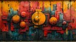 A detailed painting of colorful graffiti on a wall, showcasing intricate patterns and vibrant colors. The art features a mix of circles, rectangles, and unique fonts