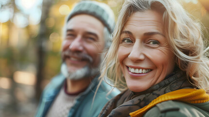 Outdoor portrait of a sporty beautiful mature woman and man in autumn park.