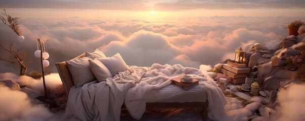 Wall Mural - As the sun rises, a bed sits atop a sea of clouds, covered in blankets and pillows, creating a dreamy and serene outdoor landscape