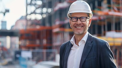 Wall Mural - Happy mature architect wearing hardhat standing at construction site