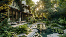 A Craftsman Style House In A Calming Seafoam Green, With A Backyard That Includes A Natural Rock Pool And A Limestone Sidewalk Bordered By Lush Ferns. 