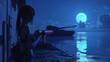 At a moonlit pier, a girl with a sleek silver revolver stands beside a tank, both casting reflections on the calm waters. The gun's iridescent pink accents catch the eye.