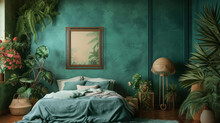 A Tropical Paradise Bedroom With Walls Painted In A Lush Emerald Green, Highlighting An Empty Frame Mockup Amidst A Backdrop Of Palm Fronds And Tropical Flowers.