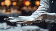 Waiter Tray Butler Hand Serve Hold Plate Isolated White Man Silver Empty Glove Servant. Butler Waiter Service Tray Dinner Restaurant Concept Luxury Hotel Food Platter Elegant Person Background Job.