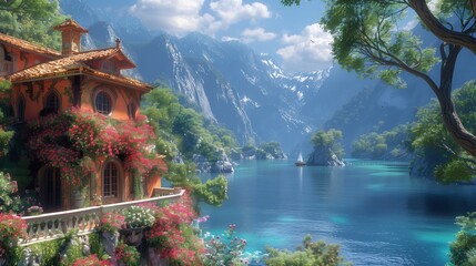 Wall Mural - A lakeside house with a balcony offering views of water, mountains, and nature