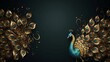 Jewelry golden peacock with expansive tail feathers on dark background. Concept of digital art, elegance in nature, graphic design, avian beauty, and luxury. Copy space