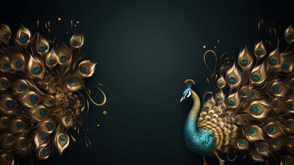Wall Mural - Jewelry golden peacock with expansive tail feathers on dark background. Concept of digital art, elegance in nature, graphic design, avian beauty, and luxury. Copy space
