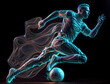 Soccer player in action made with neon colors and running with a soccer ball on black background