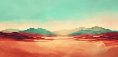 Wall Mural - Digital watercolor scene illustrating a desert with vibrant burgundy sands beneath a muted turquoise dusk sky