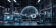Artificial intelligence brain in factory lab for futuristic research, technology innovation and machine learning network and AI tools as wide banner hologram.