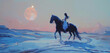 Under a sky lit by a peach moon, a girl on a huge black horse canters freely, the desert sands painted a pale blue