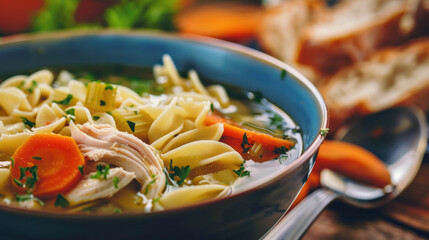 Homemade chicken noodle soup with orange carrots and green parsley.