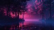 Landscape forest and lake with neon light grid, moon and trees. Nature synthwave background