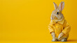 cute rabbit wearing a yellow shirt on a bright yellow background with copy space