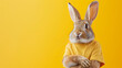 cute rabbit wearing a yellow t-shirt on a bright yellow background with copy space