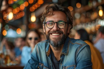 Joyful bearded male with eyeglasses smiling at a camera with a blurred bar background