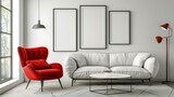 Fototapeta Sport - Welcoming ambiance in living room with a white sofa and red armchair, framed by blank posters on the wall