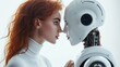 AI and human love concept. Ginger hair woman and artificial intelligence in romantic relationships. Enamored girl and humanoid robot couple. Digital virtual robotic man valentines.