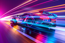 Neon Background With Tunnels For Racing Car In Panorama Double Exposure
