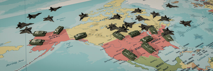 Wall Mural - Artistic Representation of Military Jets and Tanks on North American Map